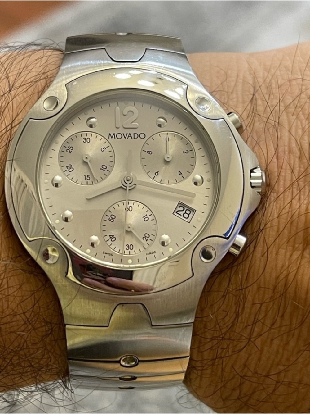 Movado Silver Stainless Steel Chronograph Wristwatch